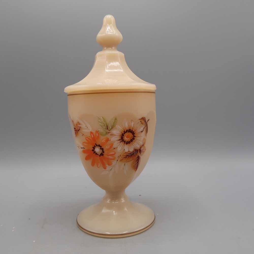 Westmoreland Almond Milk Glass Candy Dish Floral Lidded Pedestal Apothecary Jar